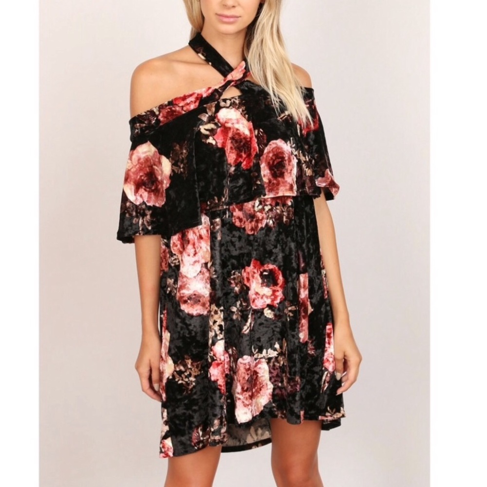 Halter Velvet Ruffle Mini Dress - Picture 2 of 4